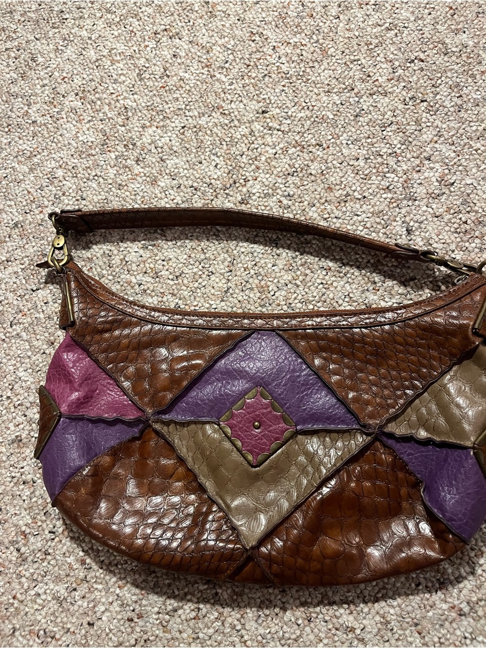 Y2K Jessica Simpson Patchwork Leather Shoulder Purse in Brown, Purple & Pink - Picture 6 of 10